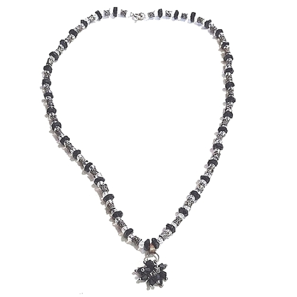 VINTAGE BLACK CLEAR SILVER-TONE CRYSTAL CLUSTERED BEADED 19" NECKLACE